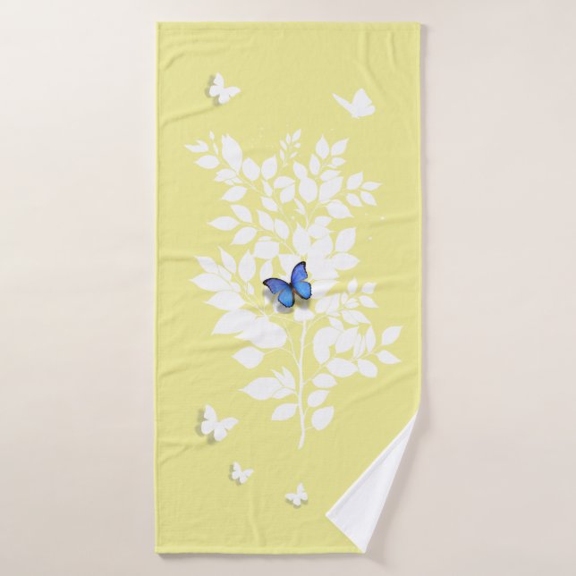 Blue Butterfly white leafy branch  (Toalla de baño)