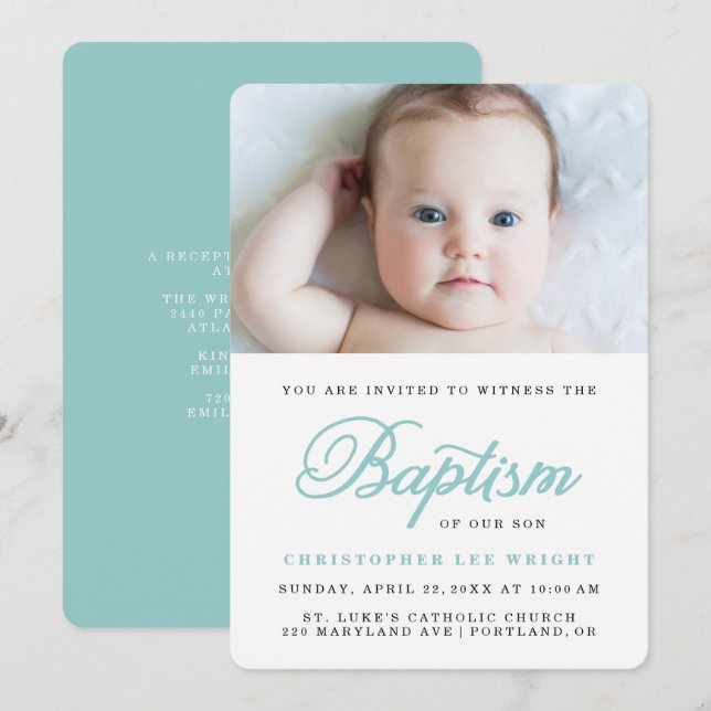 Blue Calligraphy Stylish Boy Baptism Invitación (Anverso / Reverso)