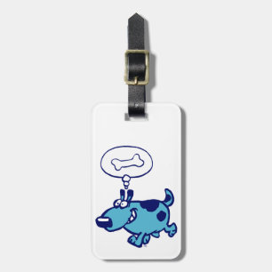 Blue Cartoon Dog Pensando en la etiqueta de equipa