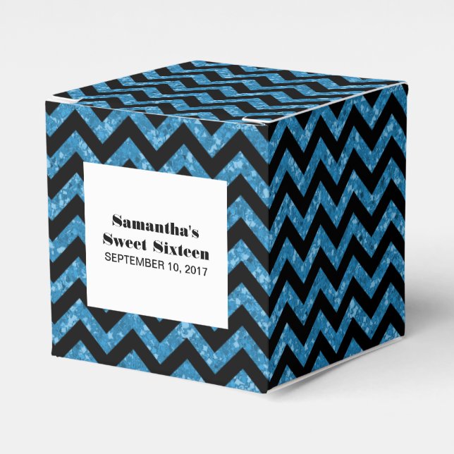 Blue Chevron Purpurina Sweet 16 cajas de favoritos (Costado Anverso)