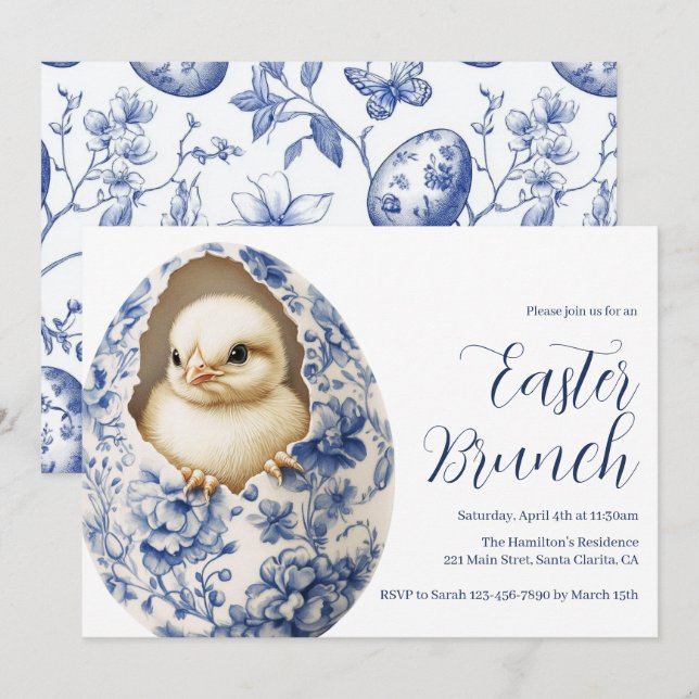 Blue Chinoiserie Egg Easter Brunch Invitation (Anverso / Reverso)