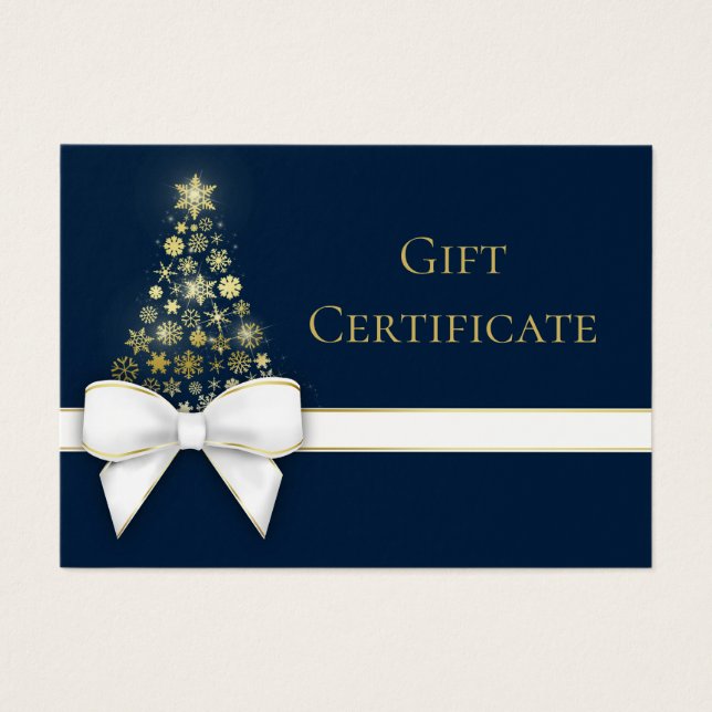 Blue Christmas Tree Gold Snowflakes Bow Gift Card (Frente)