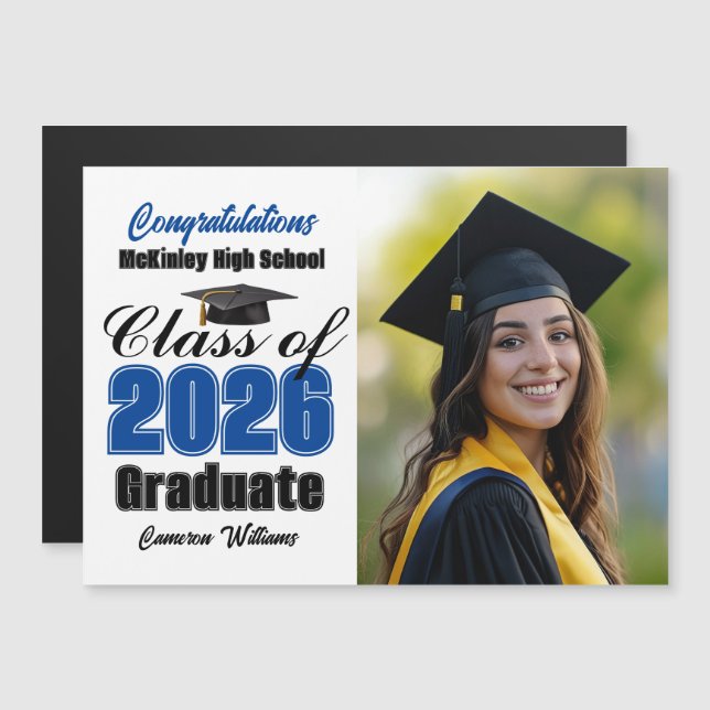 Blue Class of 2026 Graduation Photo Magnet Card (Anverso/Reverso)