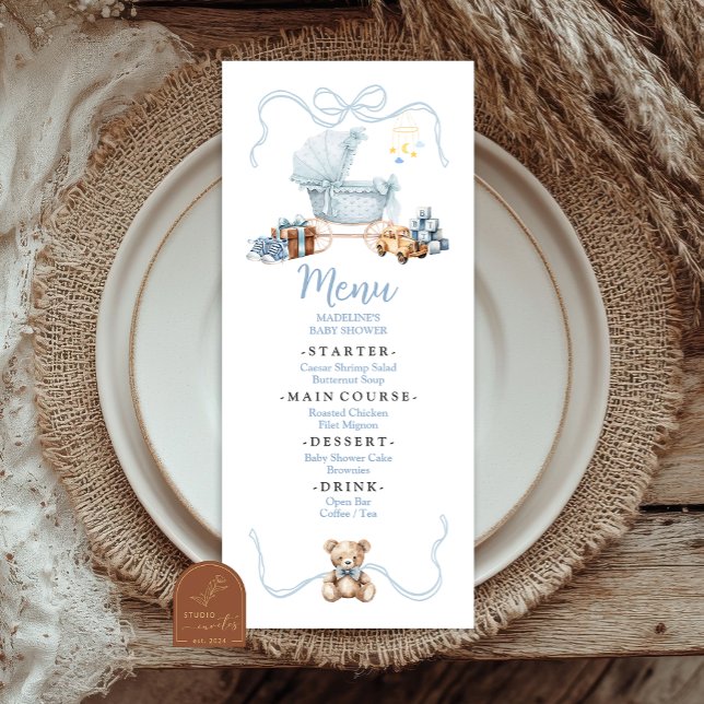 Blue Coquette Baby Carriage Baby Shower Flat Menu (Subido por el creador)