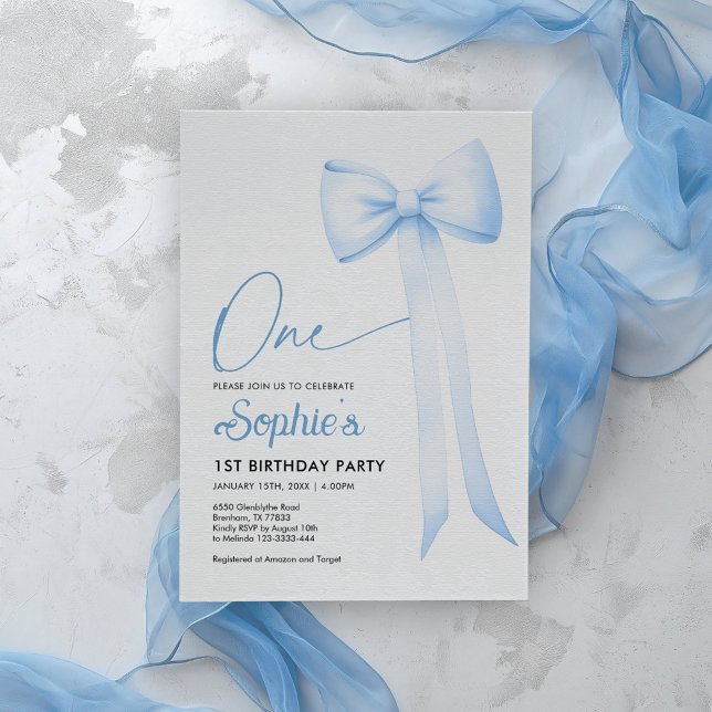Blue Coquette Bow Invitación de primer cumpleaños (Subido por el creador)