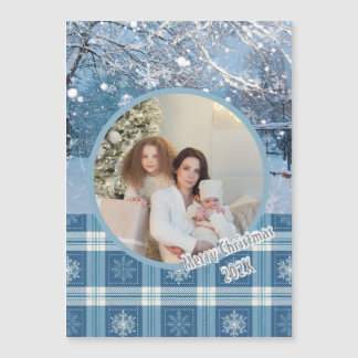 Blue Cosy Plaid Winter Navidades Magnética Card
