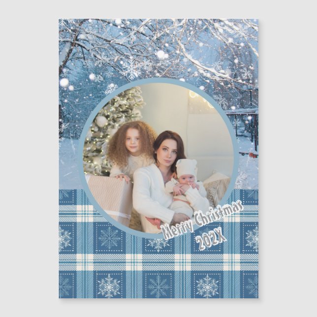 Blue Cosy Plaid Winter Navidades Magnética Card (Anverso)