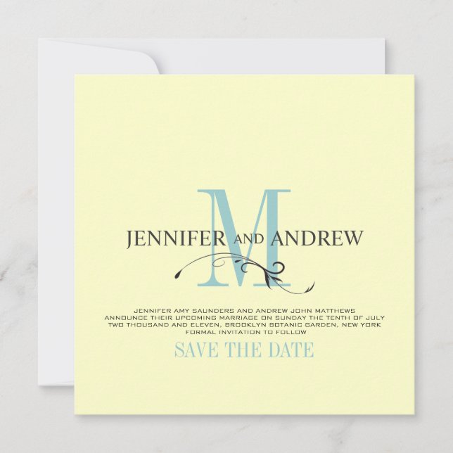 Blue Cream Save the Date Monogram Invitación (Anverso)