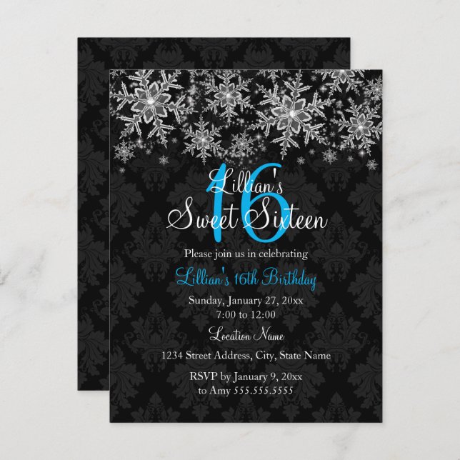 Blue Crystal Snowflake Sweet 16 Invitación (Anverso / Reverso)