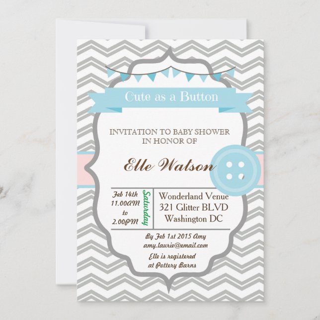 Blue Cute as a Button Baby Shower Invitaciones (Anverso)