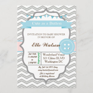 Blue Cute as a Button Baby Shower Invitaciones