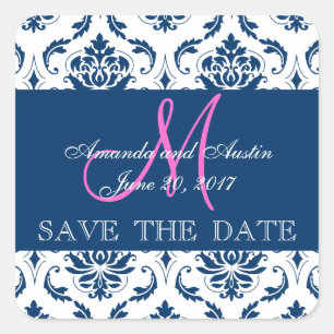 Blue Damask Inicial Save the Date Pegatina