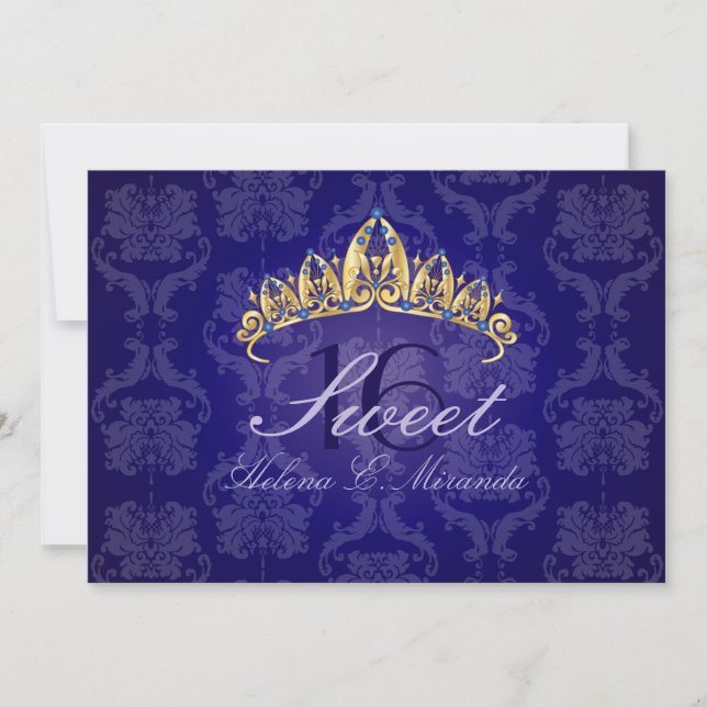 Blue Damask Sweet 16/ tiara/índigo invitaciones (Anverso)