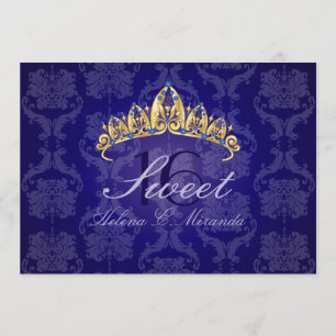 Blue Damask Sweet 16/ tiara/índigo invitaciones