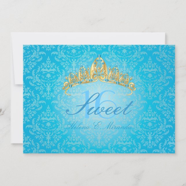 Blue Damask Sweet 16/ tiara/turquesa invitaciones (Anverso)
