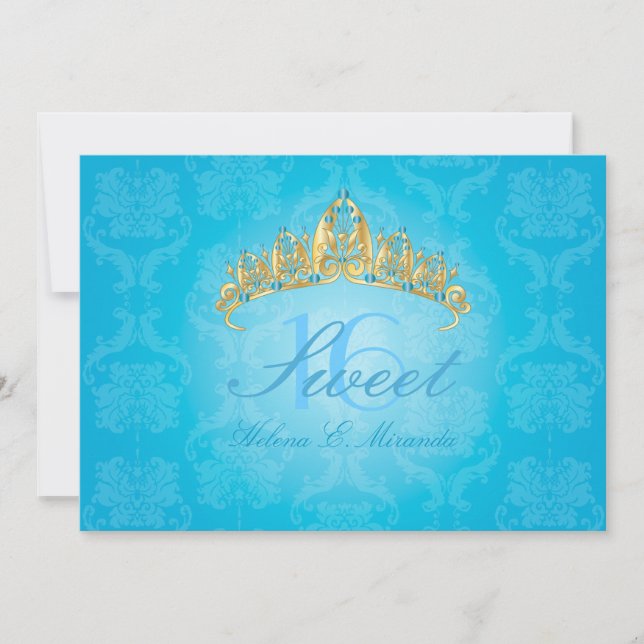 Blue Damask Sweet 16/ tiara/turquesa invitaciones (Anverso)