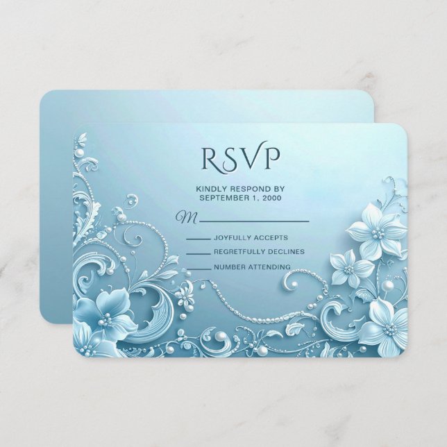 Blue Decorative Floral RSVP Card (Anverso / Reverso)