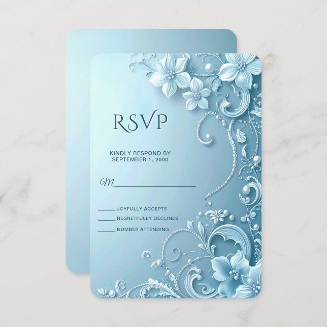 Blue Decorative Floral RSVP Card (Anverso / Reverso)