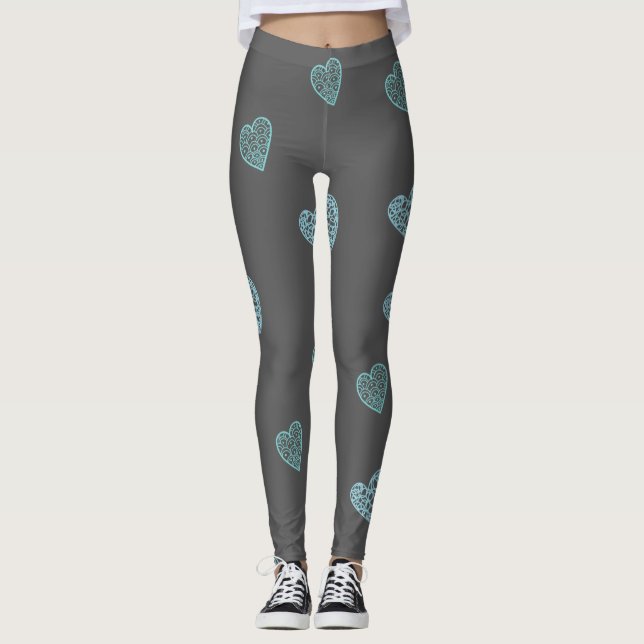 Blue Doodle Hearts Gray Leggings (Anverso)