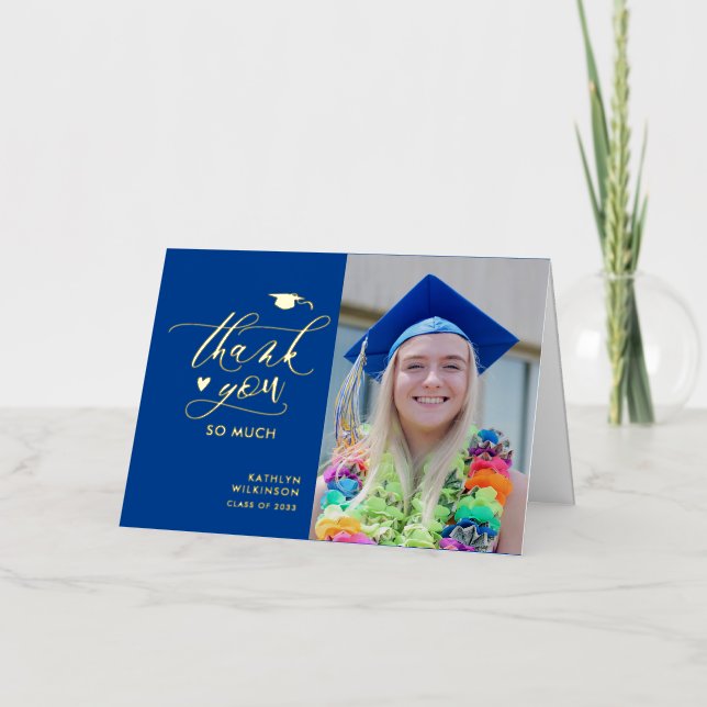 Blue Elegant Gold Script Graduación Gracias (Anverso)