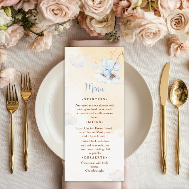 Blue Elephant Baby Shower Menu Card Cloud Stars (Subido por el creador)