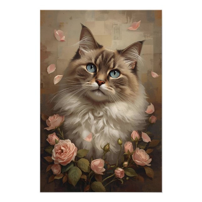 Blue-Eyed Cat with Roses – Elegant Floral Poster (Anverso)