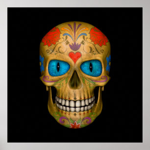 Blue Eyed Sugar Skull Zombie Colorful Posters