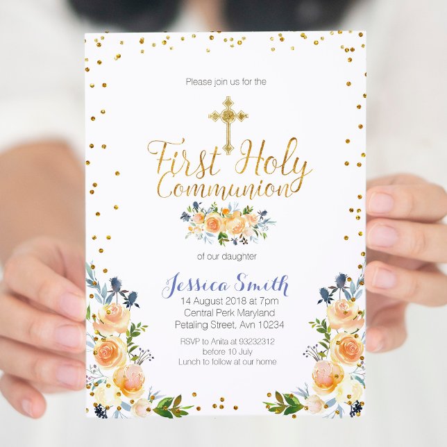 Blue First Holy Communia Invitación floral de oro (Subido por el creador)