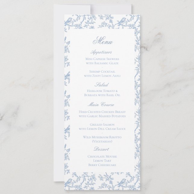 Blue Floral and Bird Toile Wedding Menu Card (Anverso)