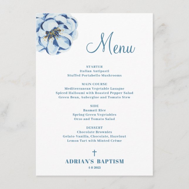 Blue Floral Baby Boy Baptism Menu (Anverso)