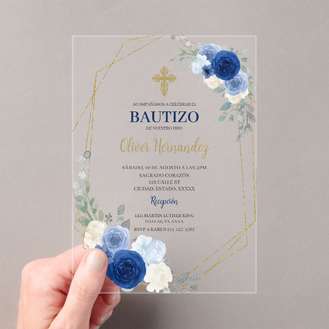 Blue Floral Bautizo Invitación acrílica española (Insitu (portátil))