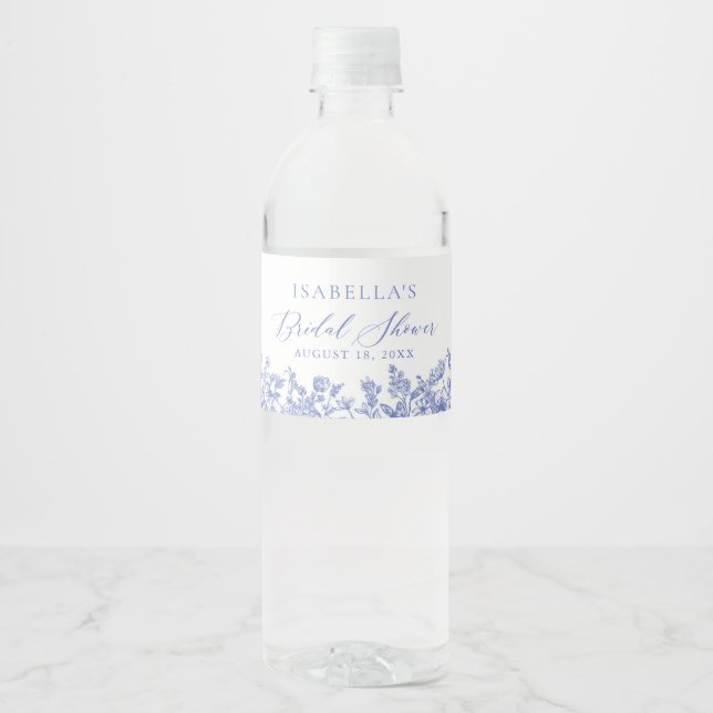 Blue Floral Bridal Shower Water Bottle Etiquetas (Anverso)