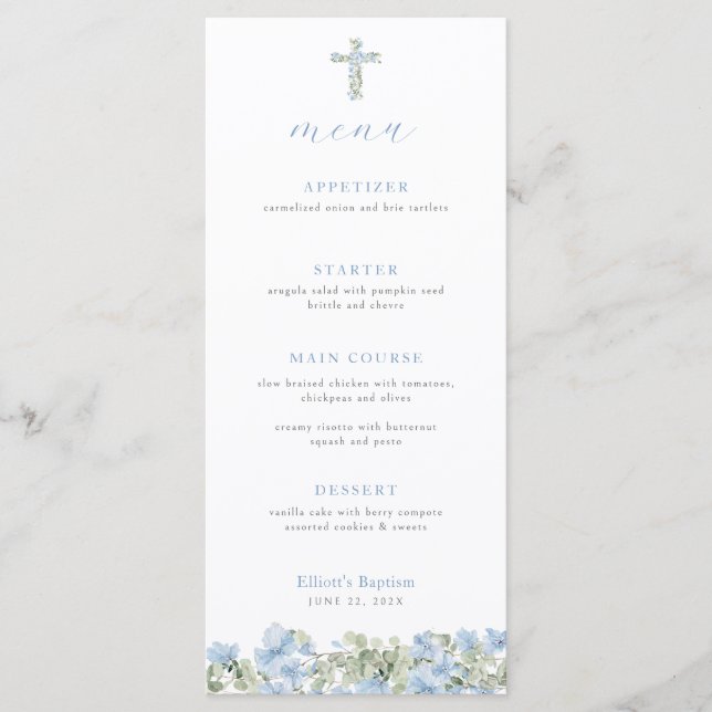 Blue Floral Cross Baptism Menu para la crianza de  (Anverso)