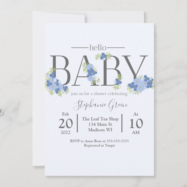 Blue Floral Hello Baby - Invitación a la ducha (Anverso)