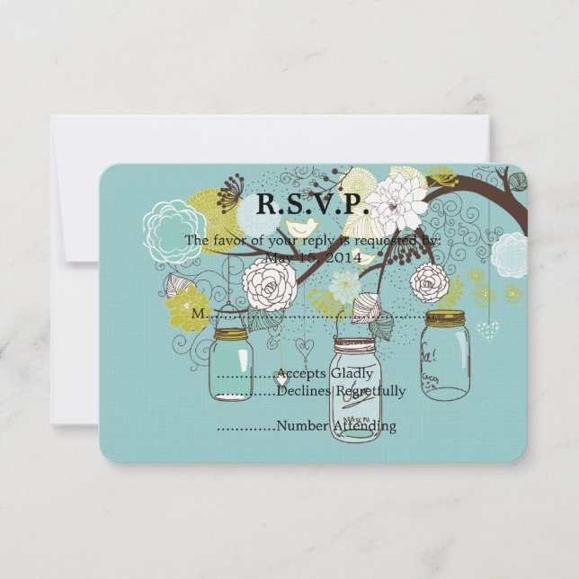 Blue Floral Mason Jars Wedding RSVP (Anverso)