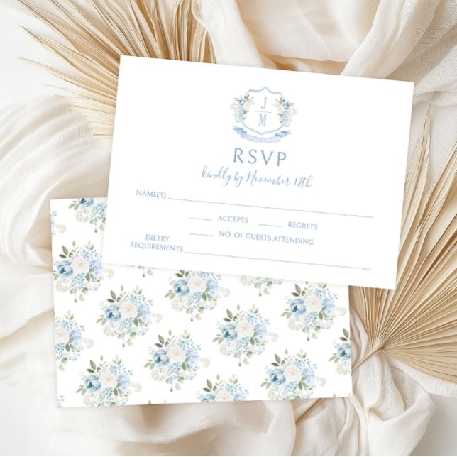 Blue Floral Modern Monogram Wedding RSVP Cards (Subido por el creador)