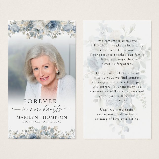 Blue Floral Photo Funeral Prayer Card (Anverso y reverso)