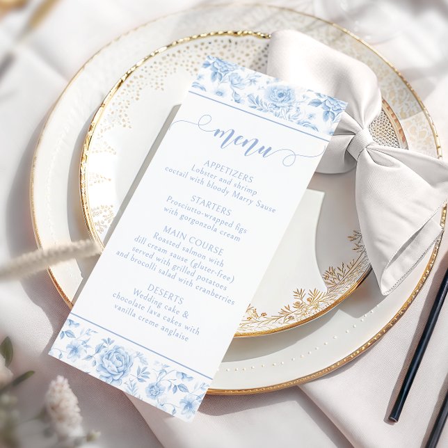 Blue Floral Porcelain Bridal Shower Menu Cards (Subido por el creador)