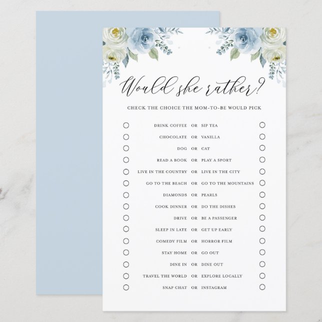 Blue Floral Prefiere Tarjeta De Juego Baby Shower (Anverso / Reverso)
