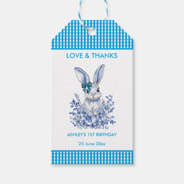 Blue Floral Rabbit 1er cumpleaños Fiesta etiqueta  (Anverso)