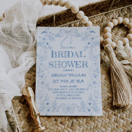 Blue Floral Toile Bow Bridal Shower Invitación