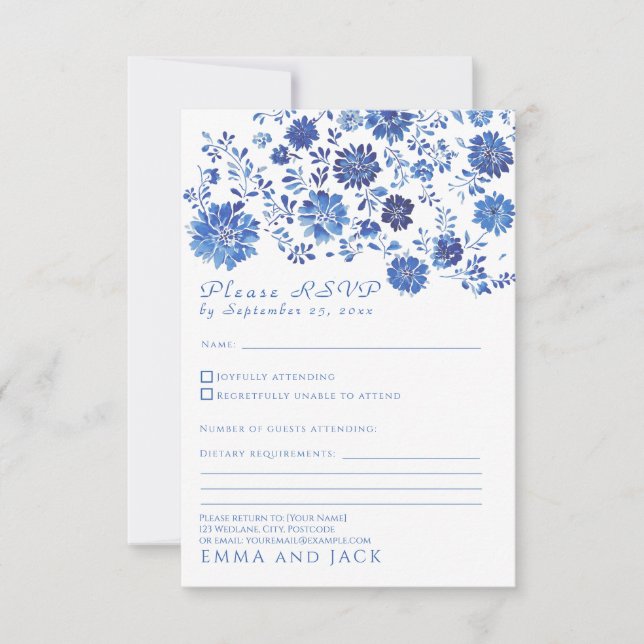 Blue Floral Toile style Wedding RSVP response Card (Anverso)