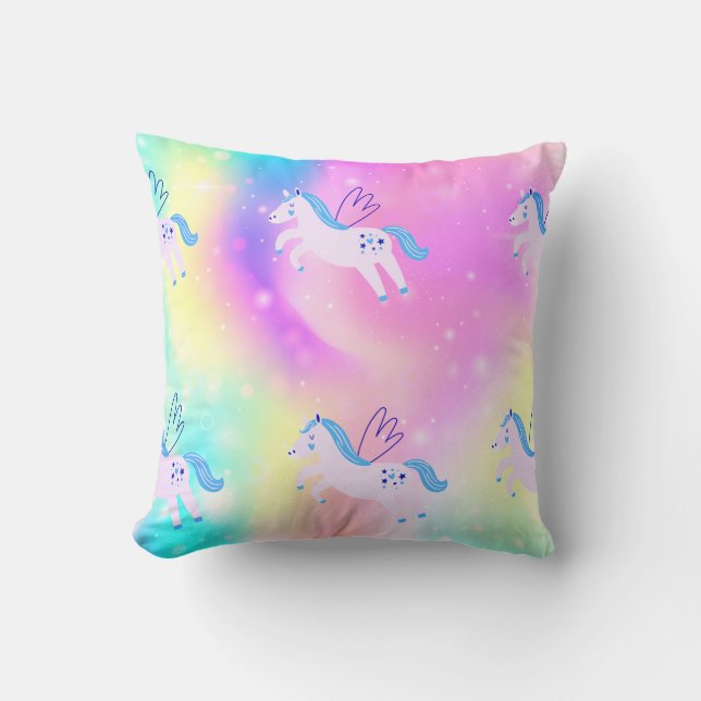 Blue Flying Unicorns Rainbow Print Cojín decorativ (Anverso)