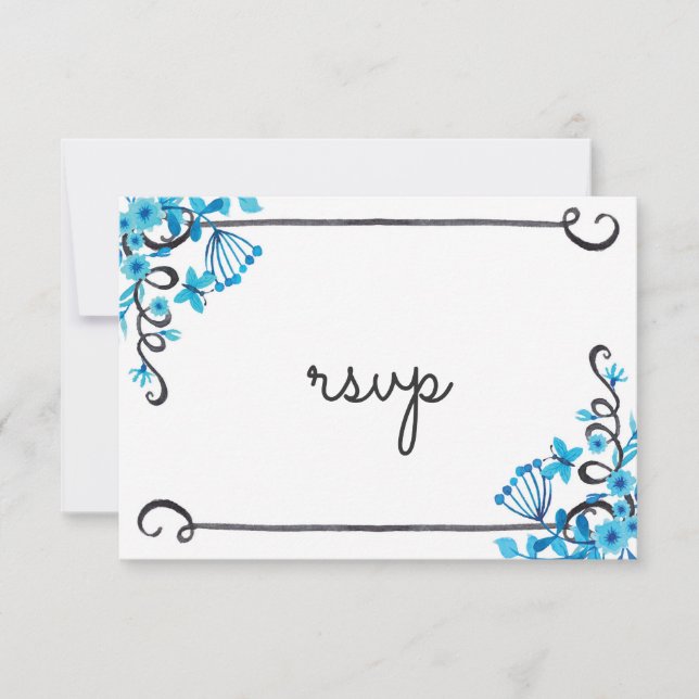 Blue Folk Art Floral Watercolor RSVP (Anverso)