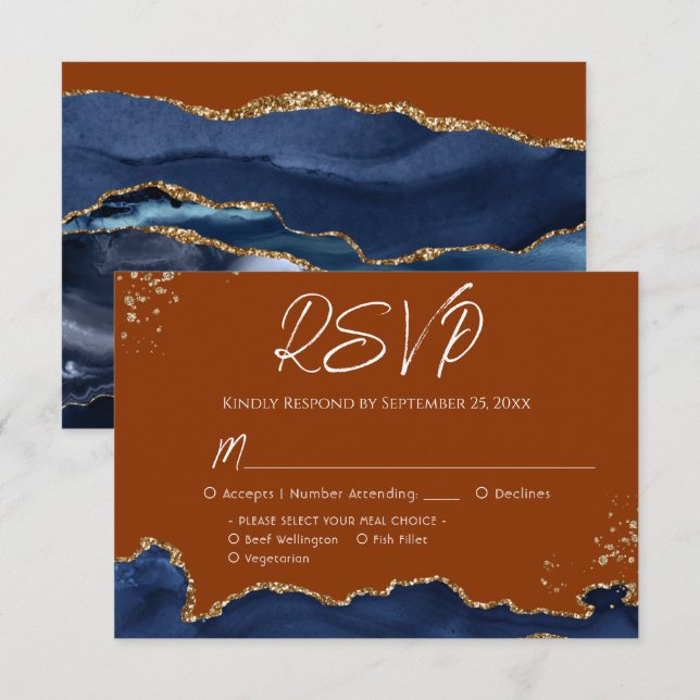 Blue Gand Naranja Agate Wedding RSVP (Anverso / Reverso)