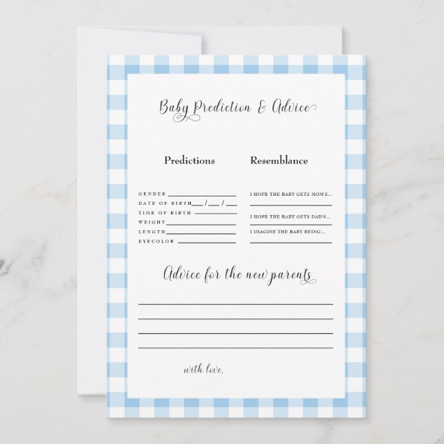 Blue Gingham Baby Predictions II Invitación (Anverso)