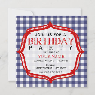 Blue Gingham Con Invitación De Fiesta De Cumpleaño