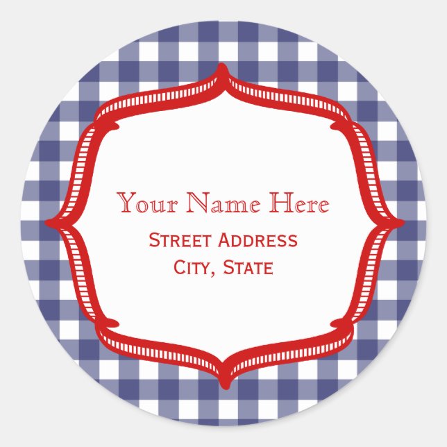 Blue Gingham Con Pegatina De Direcciones Rojas (Anverso)