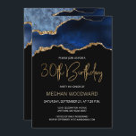 Blue Gold Agate Invitación a la fiesta de cumpleañ<br><div class="desc">Esta elegante invitación para cumplir 30 años presenta una acuarela de un ágate gede tonos azules con finos toques dorados. Las palabras "Cumpleaños 30" aparecen en falso purpurina de oro en letra decorativa moderna de escritura a mano. Personalizar con el nombre del honorario en texto de color dorado y los...</div>