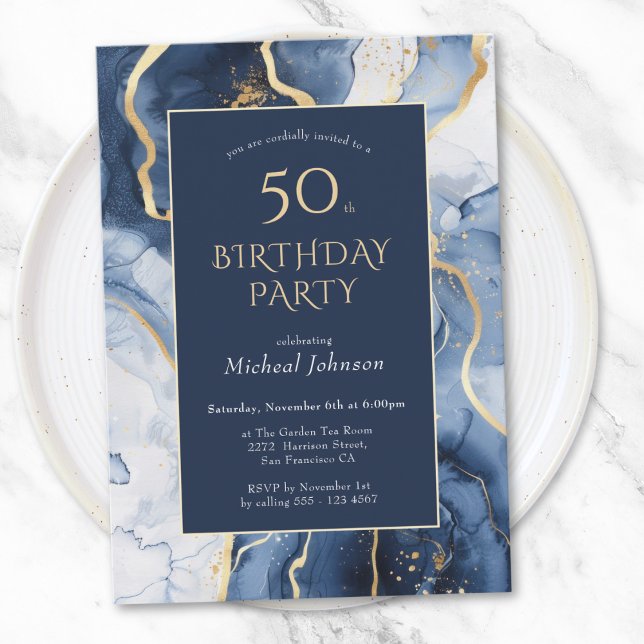Blue Gold Agate Invitación a los 50 Años (Blue Gold Agate 50th Birthday Invitation)